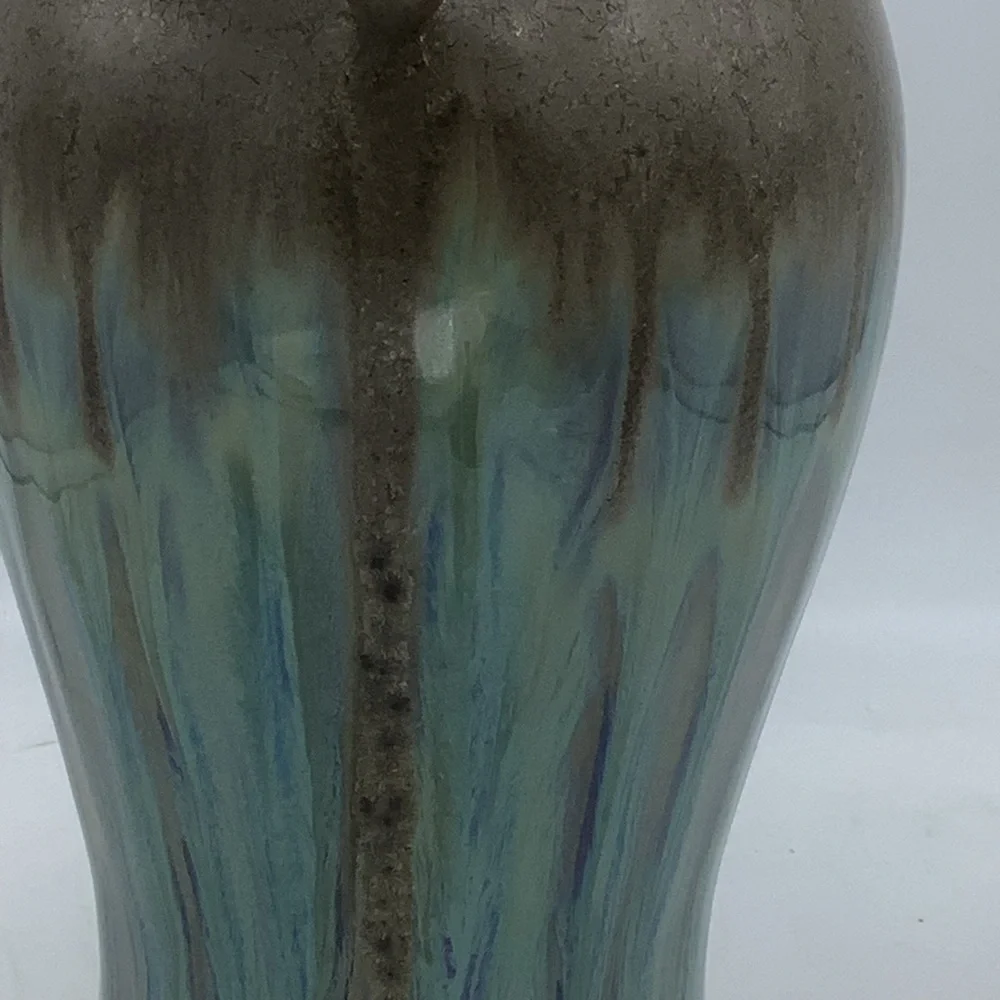 Brown Ceramic Vase with Turquoise Glaze and Round Handles